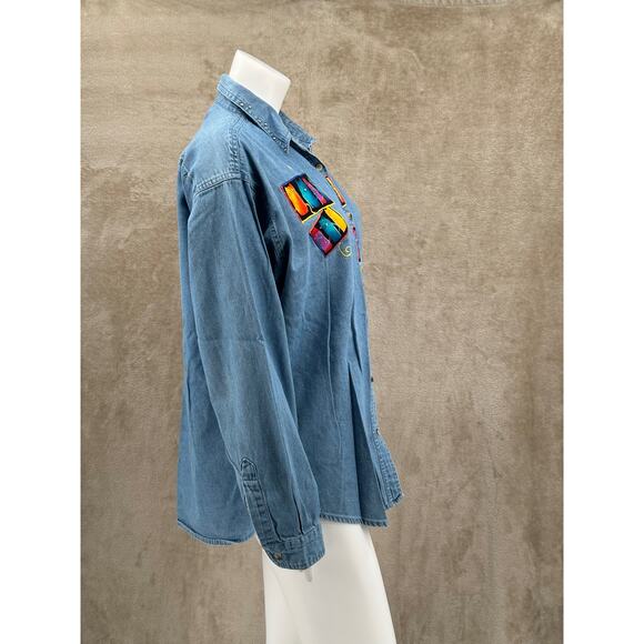 Tri-Mountain Top Womens XL Blue Button Up Tunic Denim Cat Lady Artsy 100% Cotton - Picture 4 of 12